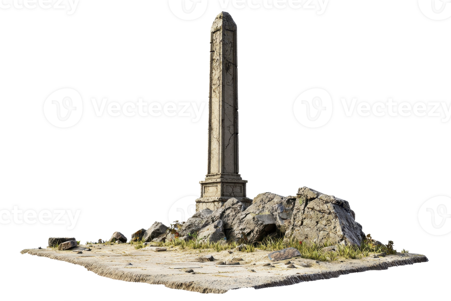 Ancient stone obelisk standing on a rocky terrain against a clear backdrop, showcasing historical architectural significance. png