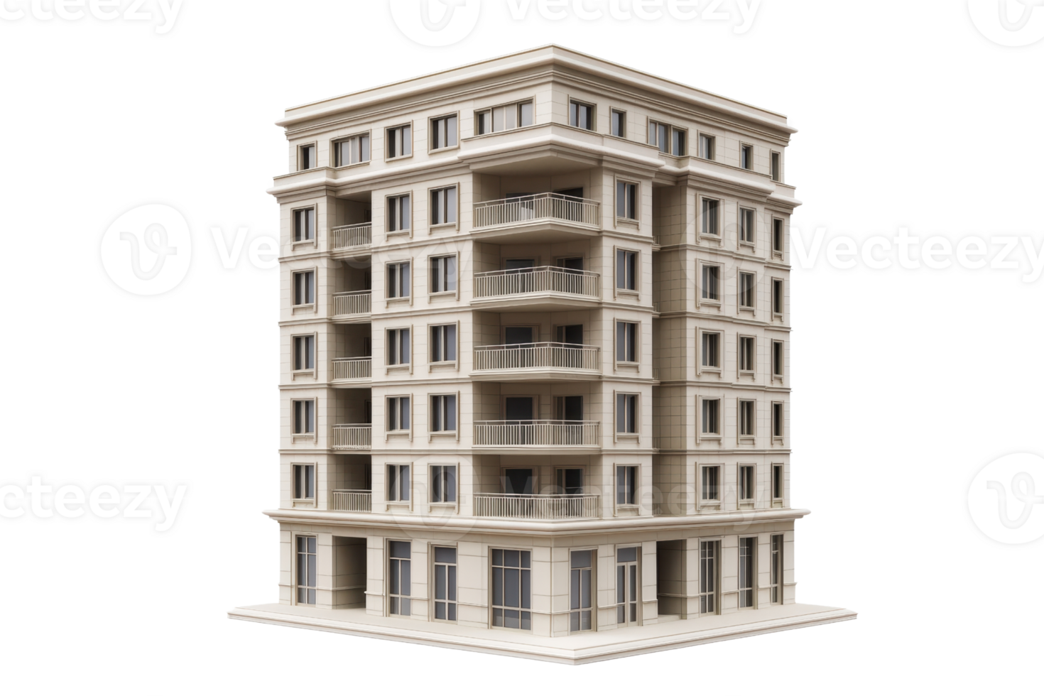 Architectural rendering of a modern multi-story apartment building with balconies depicted in a detailed three-dimensional illustration. png