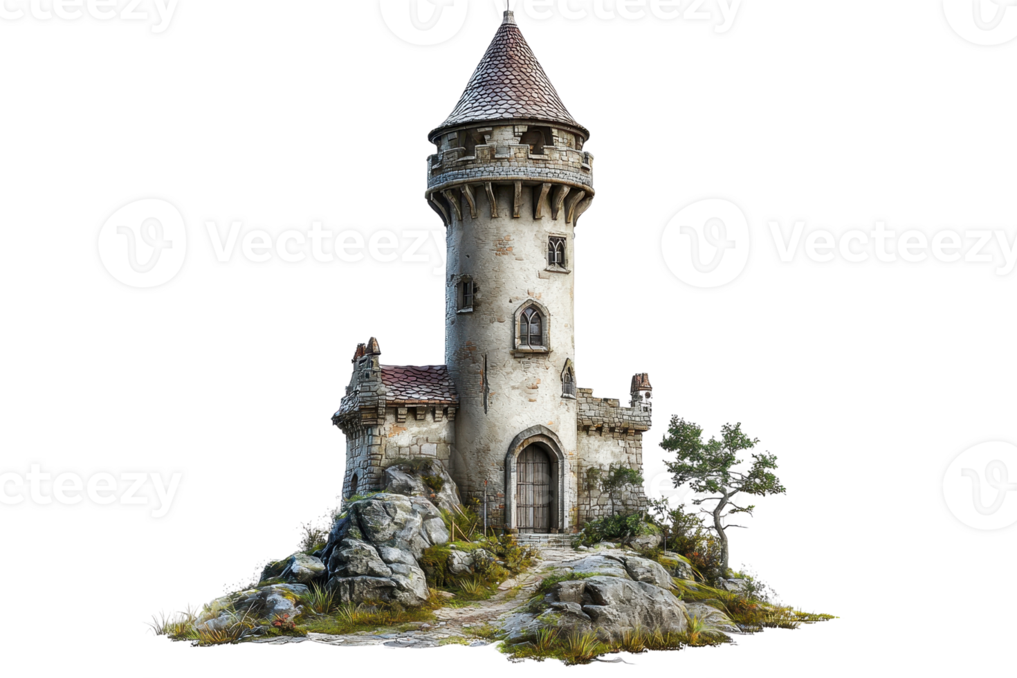 Ancient stone castle tower with red roof nestled among rocky terrain, surrounded by greenery under a clear sky, historical and scenic view. png