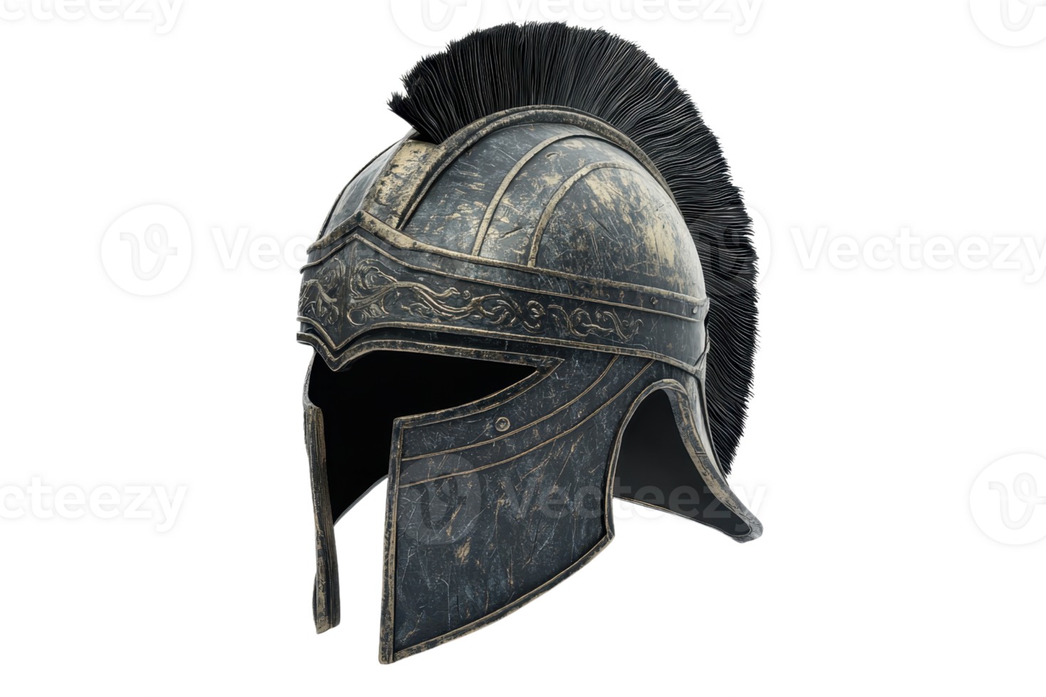 Ancient Roman helmet with intricate designs and a crest. Historical artifact representing Roman military armor. Ideal for educational or historical visuals. png