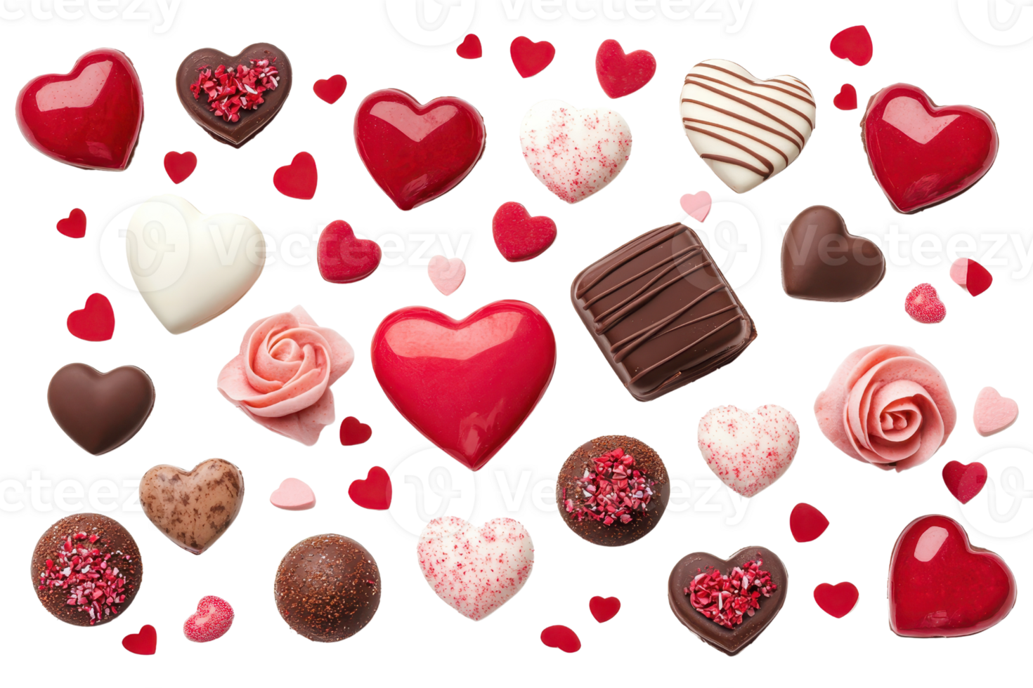 Assorted heart-shaped chocolates and candies in various designs and colors perfect for Valentine's Day or romantic occasions. png