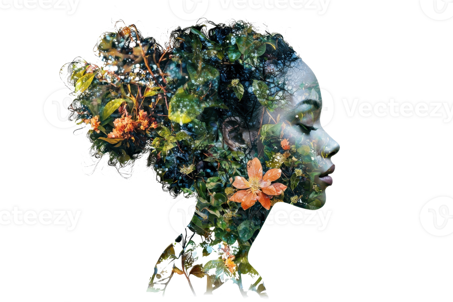 Artistic double exposure of a woman's profile blended with vibrant nature elements illustrating a harmonious connection with the environment. png