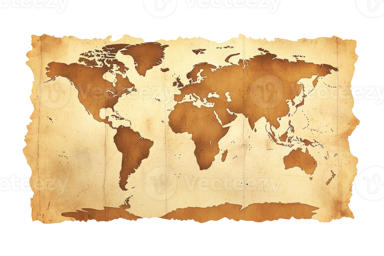 Antique world map with weathered edges. Vintage-style cartography artwork depicting continents and oceans in a sepia-toned, aged appearance. png