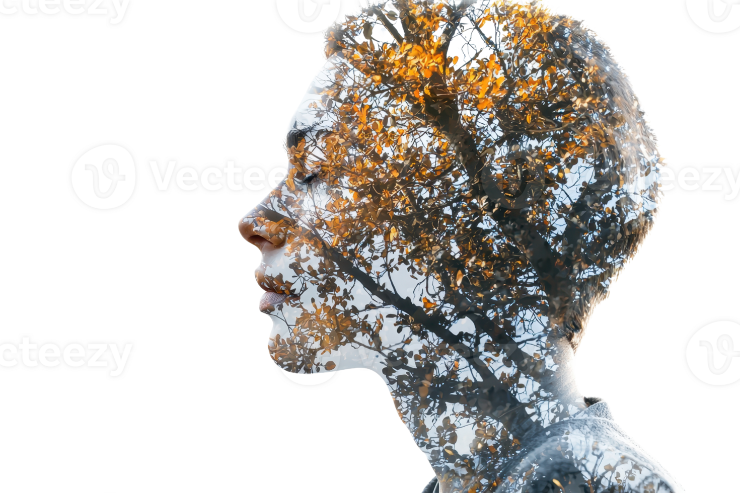 Artistic double exposure portrait of a woman combined with a tree, symbolizing connection with nature and inner peace. Perfect for creative projects. png