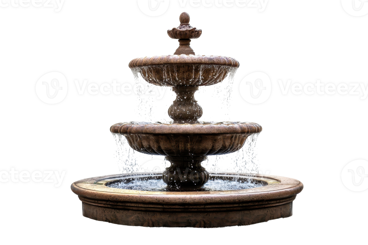 Beautiful three-tiered stone fountain with cascading water, perfect for garden decoration or outdoor spaces. png