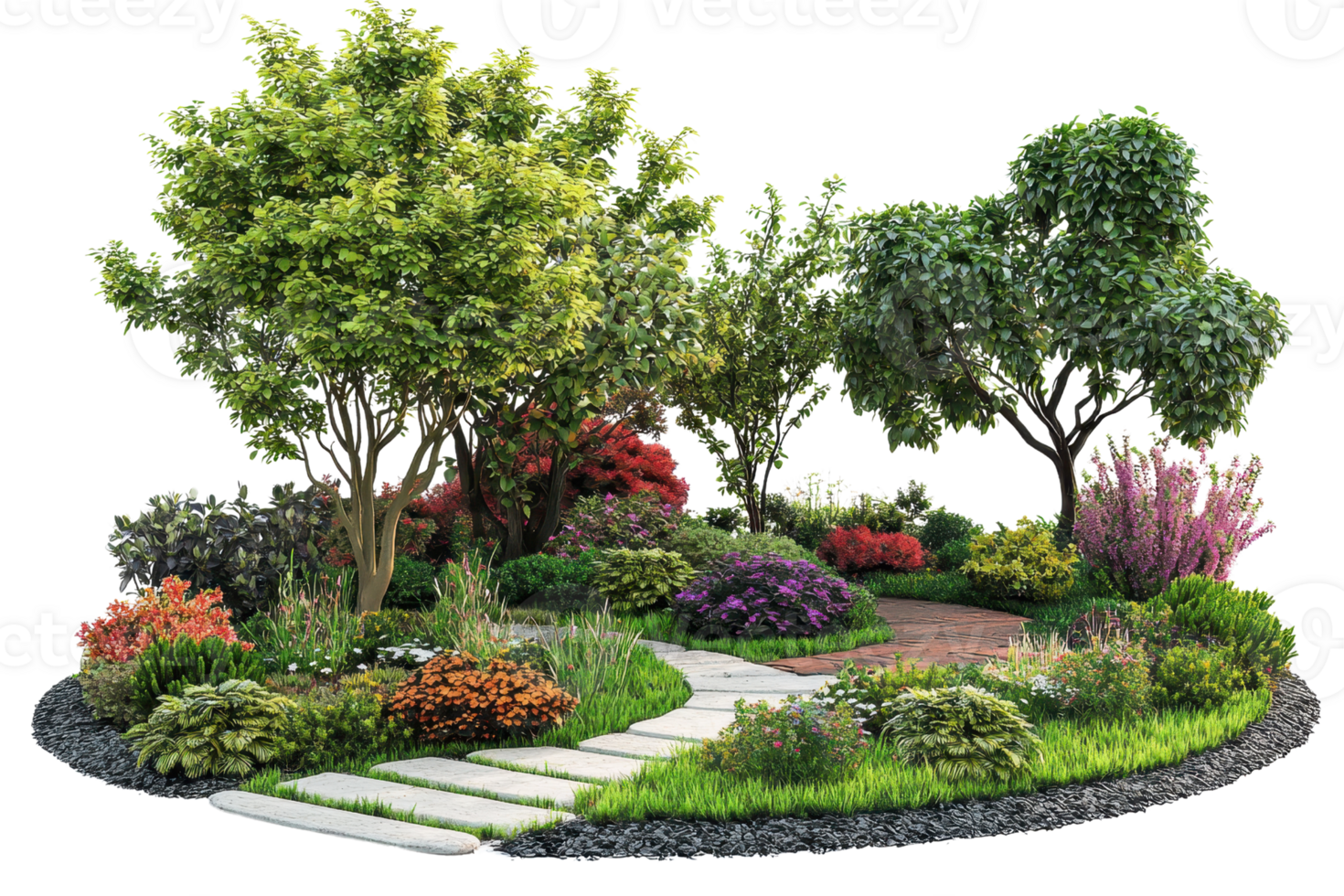 Beautiful landscaped garden with vibrant flowers, lush greenery, and a charming stone path on a bright sunny day. png