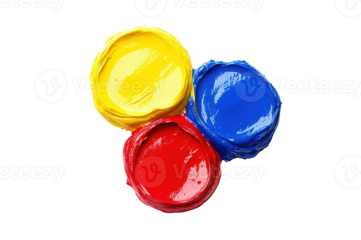 Bright and vibrant photo of red, blue, and yellow paint splashes in circular forms, isolated on a transparent background. perfect for artistic themes. png