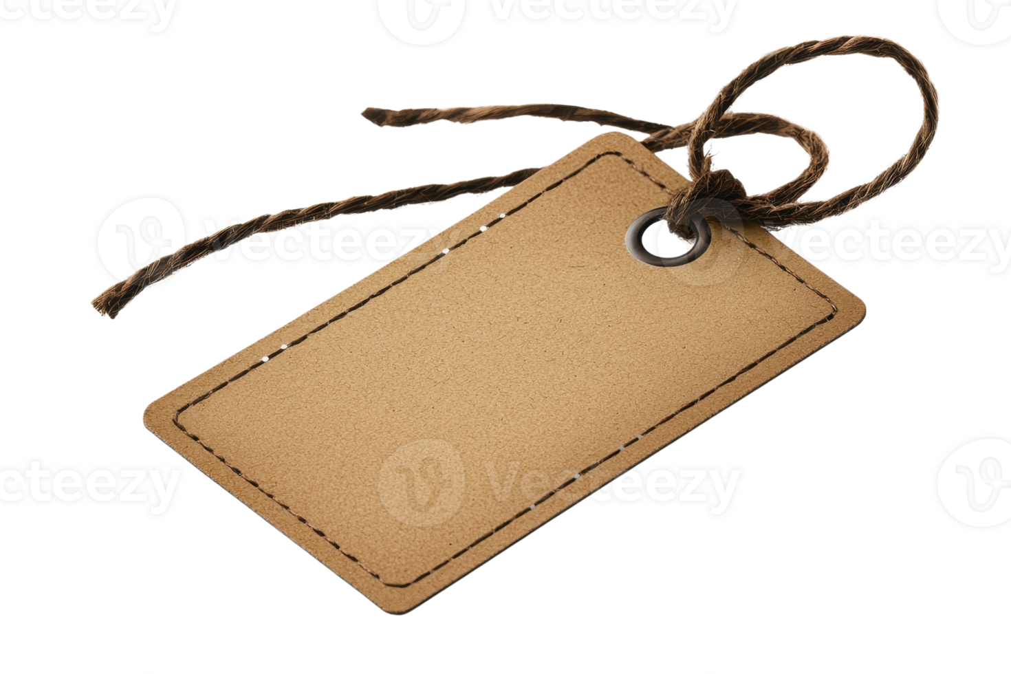 Blank brown cardboard tag with a string attached, isolated on a transparent background. Perfect for labels, gifts, or price tags. png