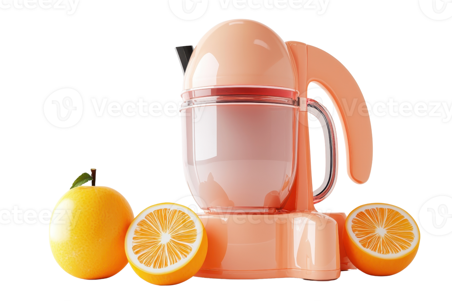 Bright orange juicer and fresh oranges on a transparent background. perfect for kitchen and culinary themes. High resolution and vibrant colors. png
