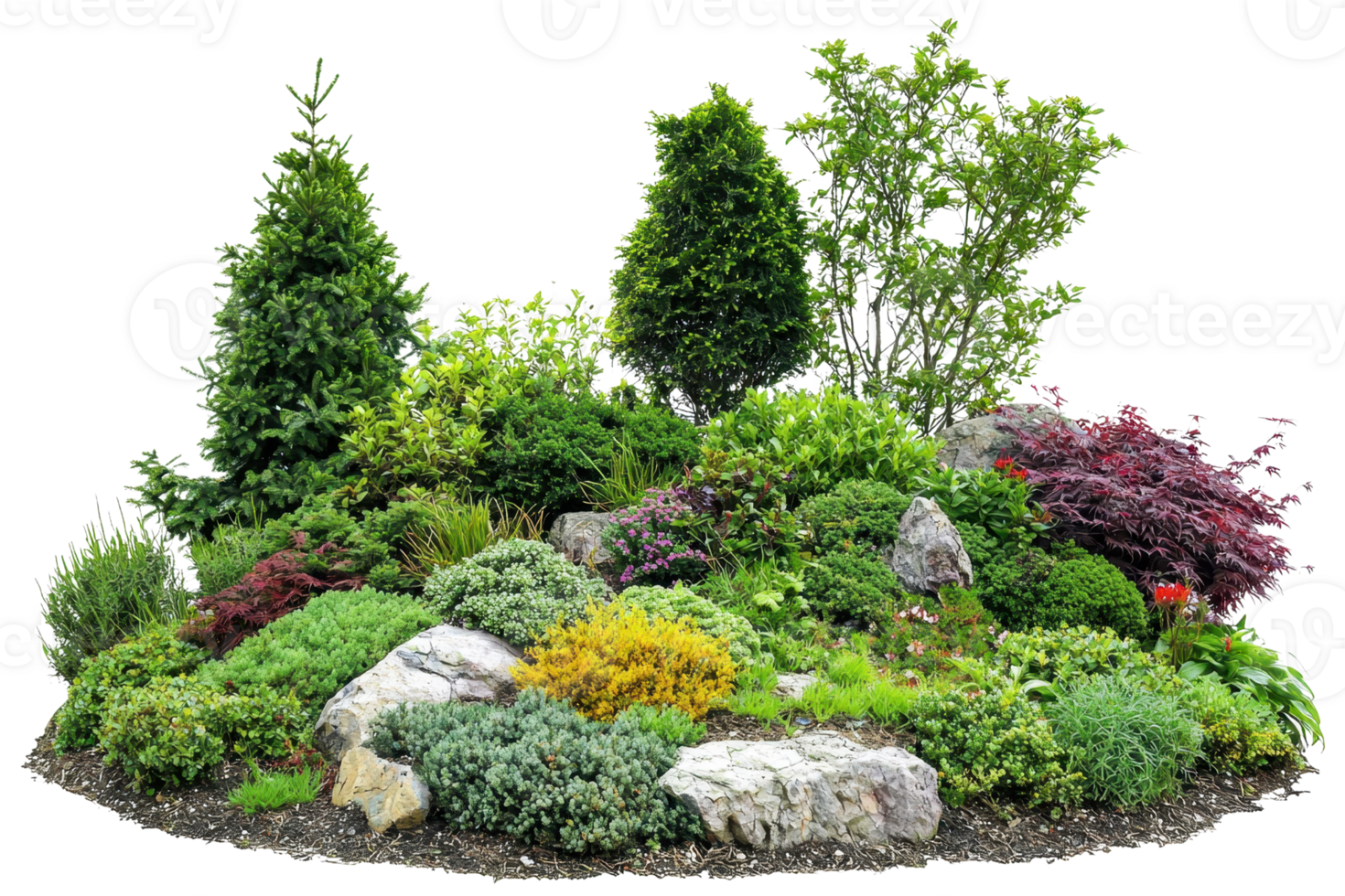 Beautiful rock garden with a variety of vibrant plants and shrubs showcasing lush greenery and natural stones in a landscaped setting. png