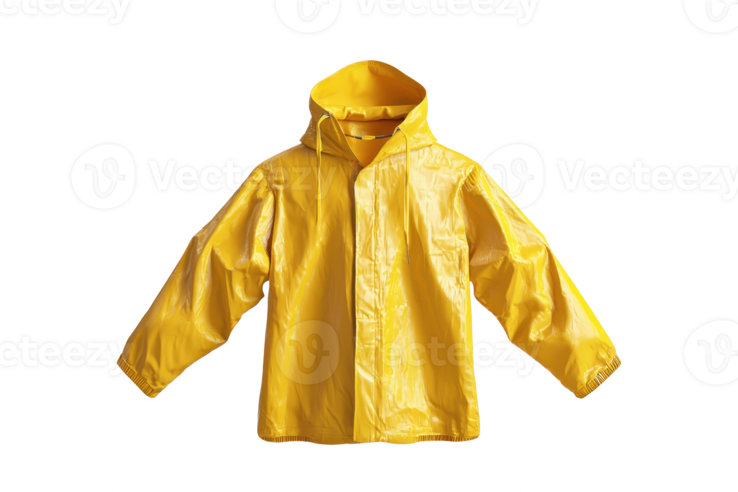Bright yellow raincoat with hood, perfect for wet weather protection. Ideal for staying dry and stylish in the rain. png