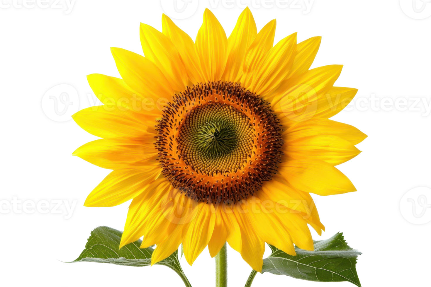 Bright sunflower in full bloom with vibrant yellow petals and green leaves, isolated on a transparent background. png