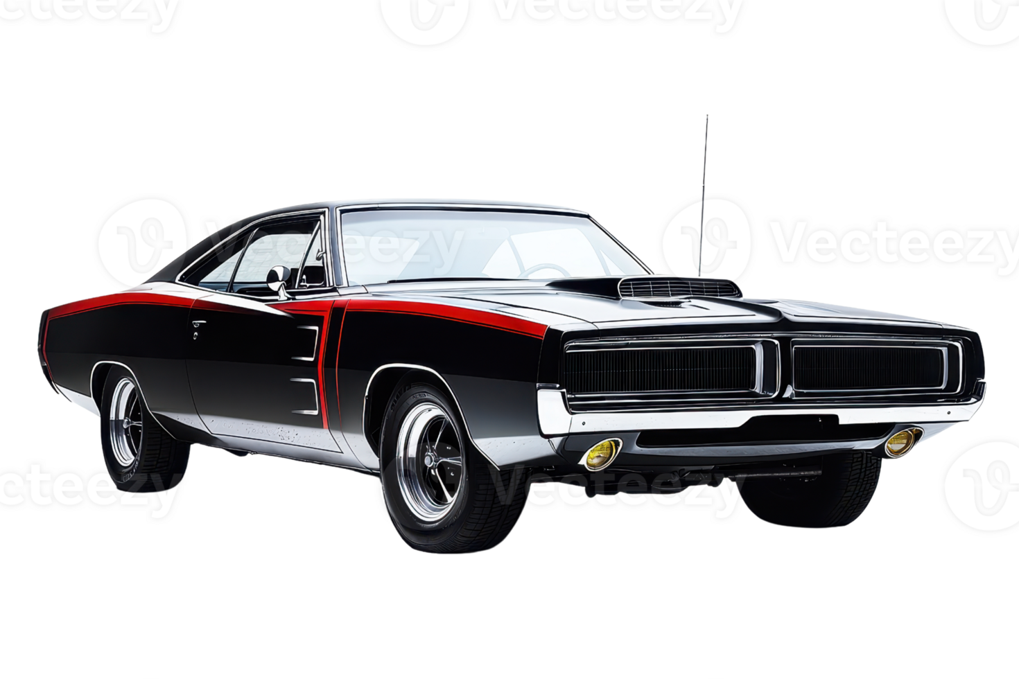 Classic black and red muscle car with powerful design and vintage appeal, perfect for automotive enthusiasts and retro car collections. png