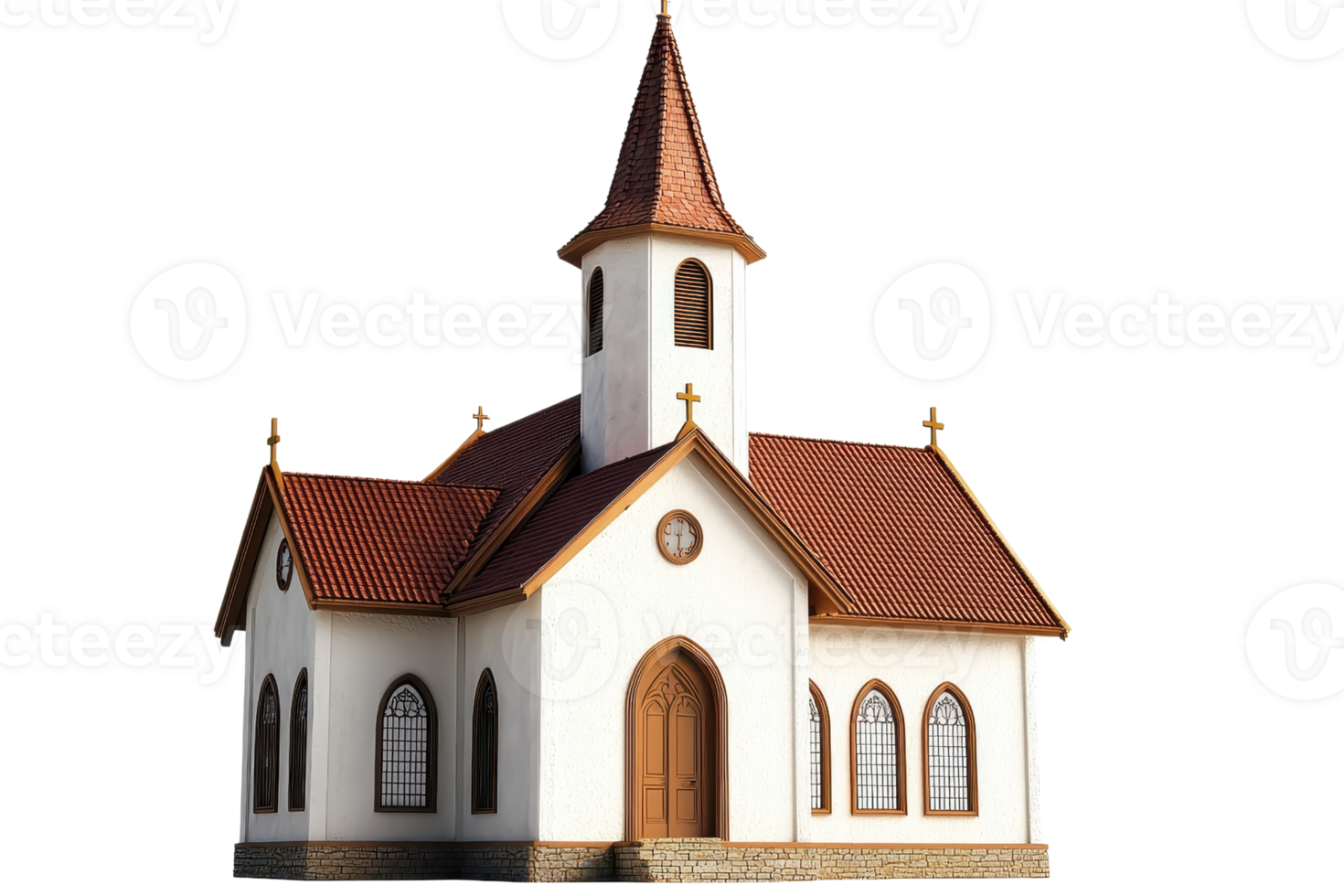 Classic small white chapel with brown roof and steeple, suitable for countryside, religious architecture, and wedding themes. png