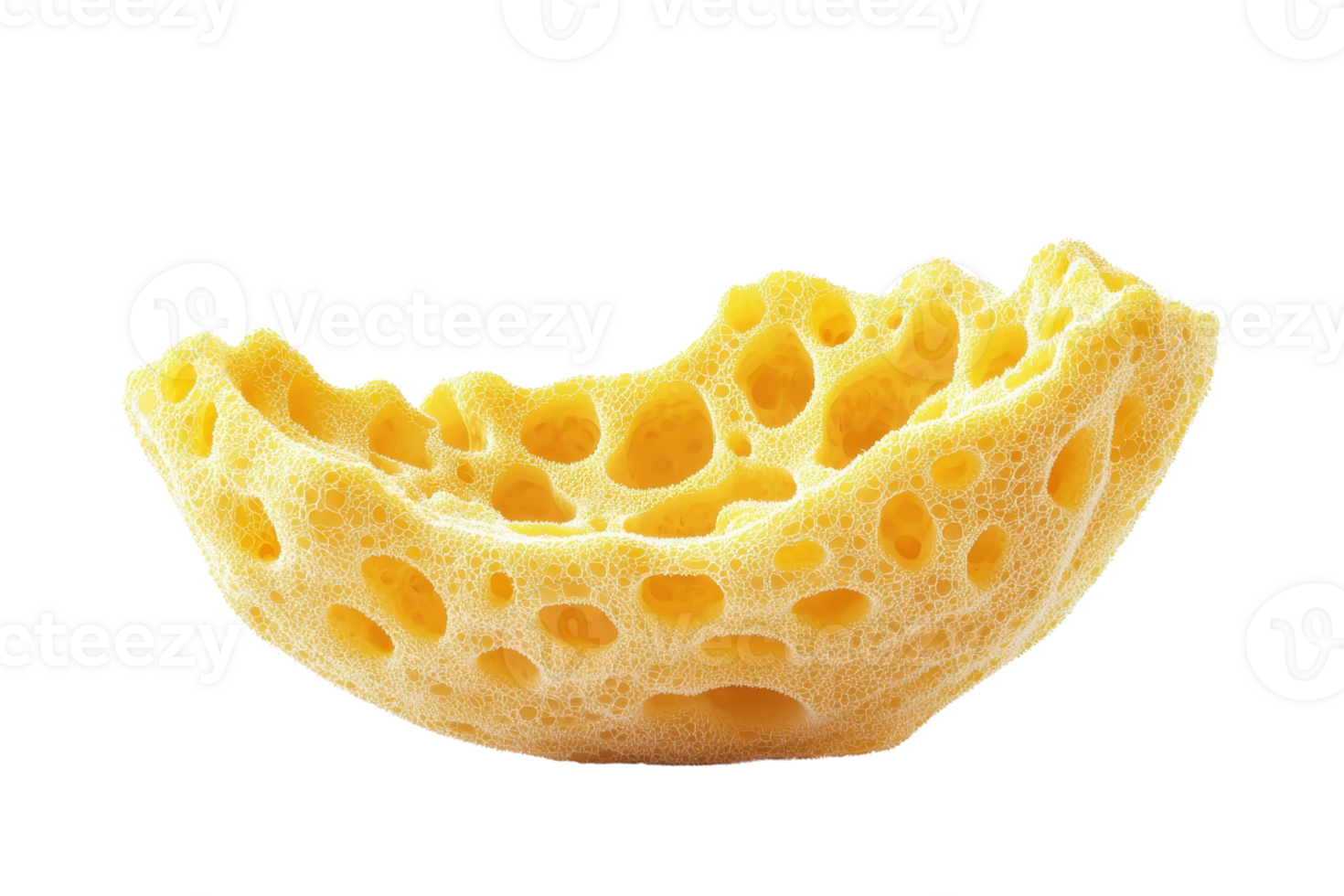 Close-up image of a yellow sponge with large, noticeable pores, isolated on a transparent background. Ideal for cleaning or hygiene concepts. png