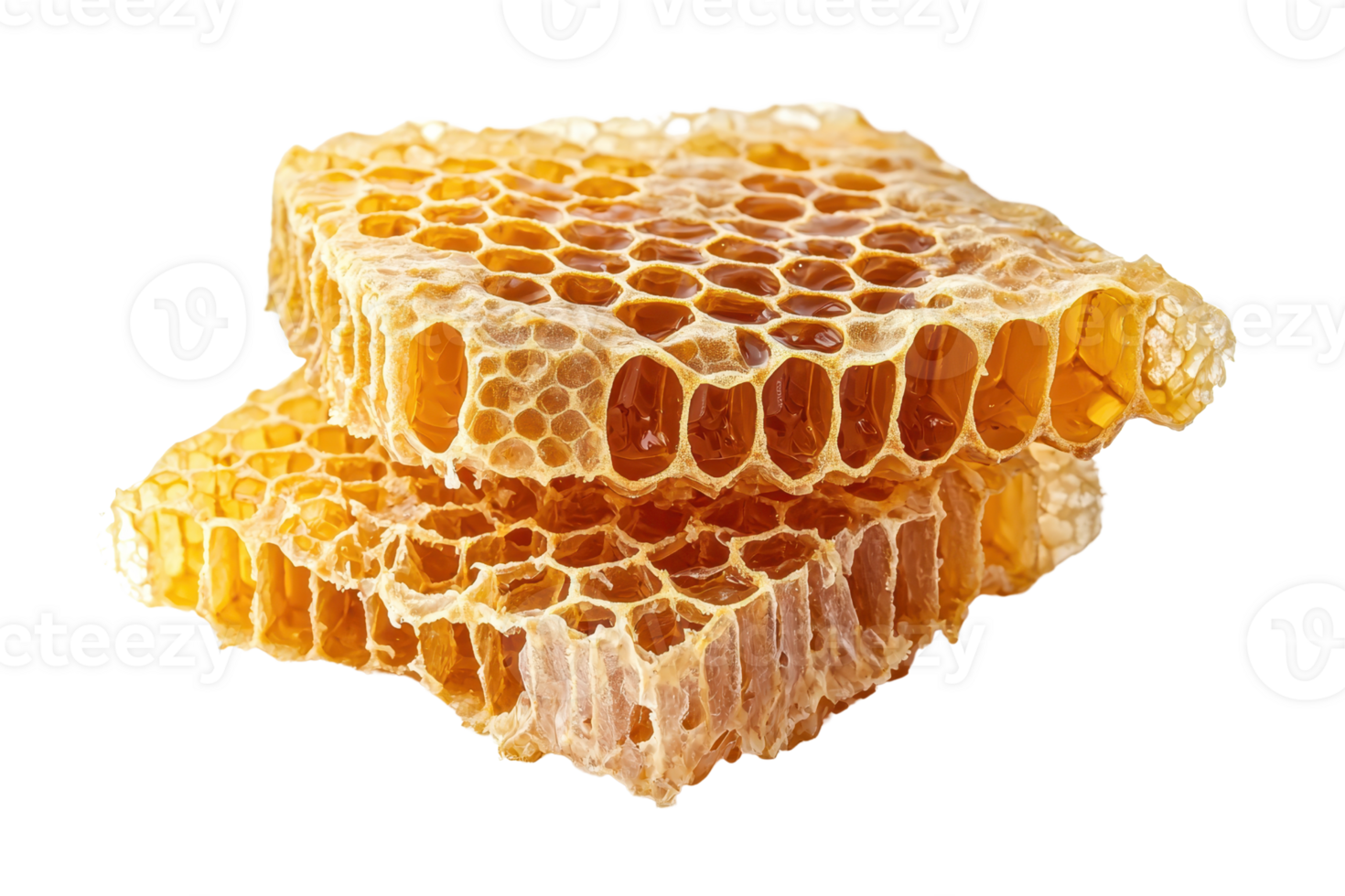 Close-up image of two golden honeycomb pieces stacked, showcasing the detailed hexagonal structure and natural texture. png