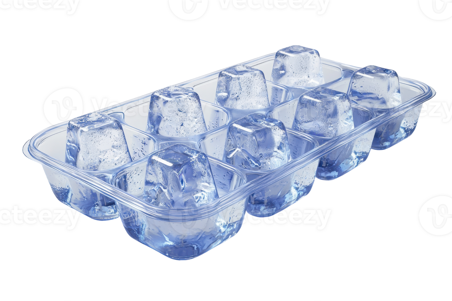 Close-up image of an ice cube tray with clear ice cubes, isolated on a transparent background. Refreshing, cold, and essential for keeping drinks cool. png