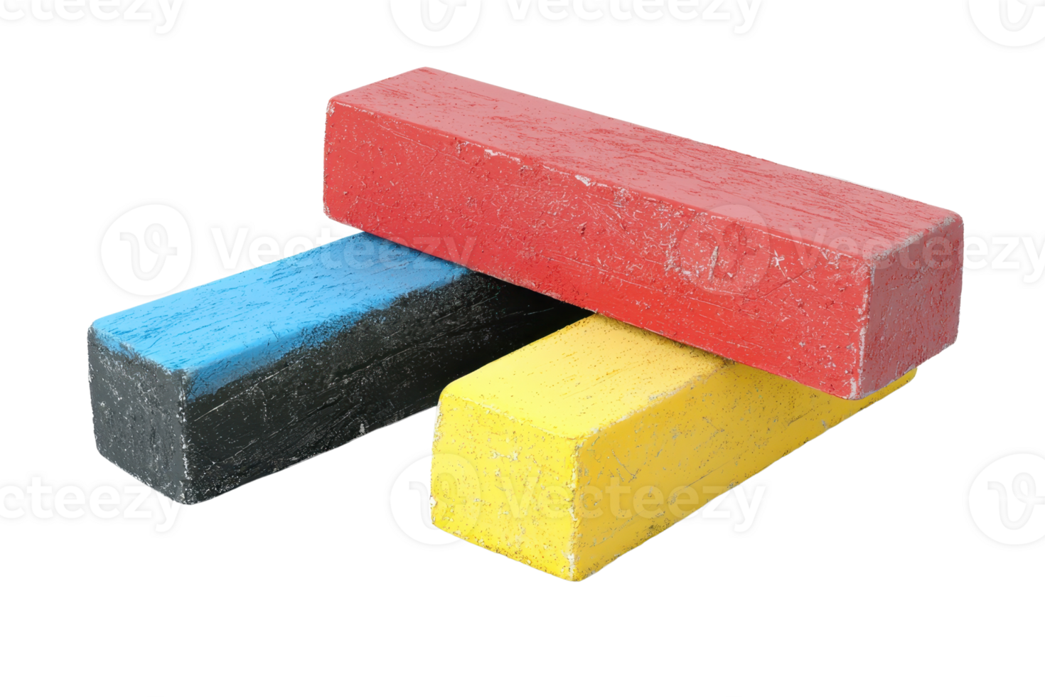 Close-up image of colorful chalk pieces in red, yellow, and blue, ideal for educational or creative projects, isolated on a transparent background. png