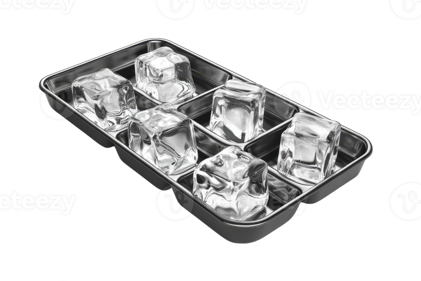 Close-up of a metal ice cube tray with six clear ice cubes in compartments, isolated on a transparent background. png