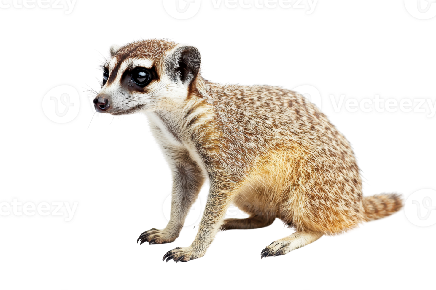 Close-up of a meerkat standing on all fours, isolated on a transparent background. showcasing its natural coat and curious expression. png