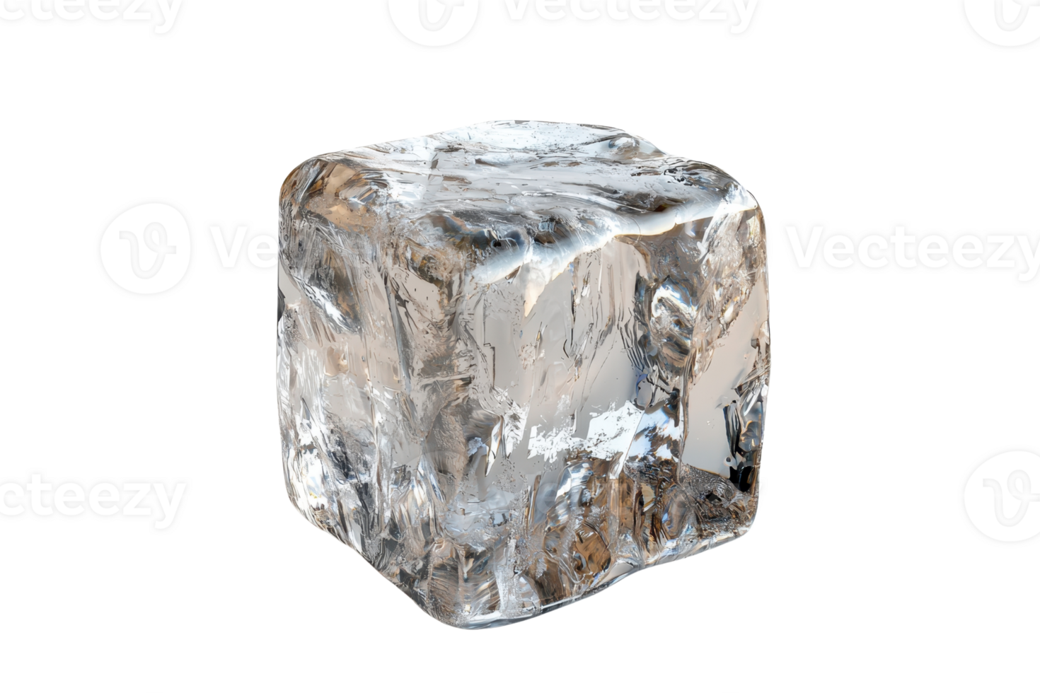 Close-up of a single, clear ice cube with intricate details against a transparent background, perfectly isolated for versatile use. png