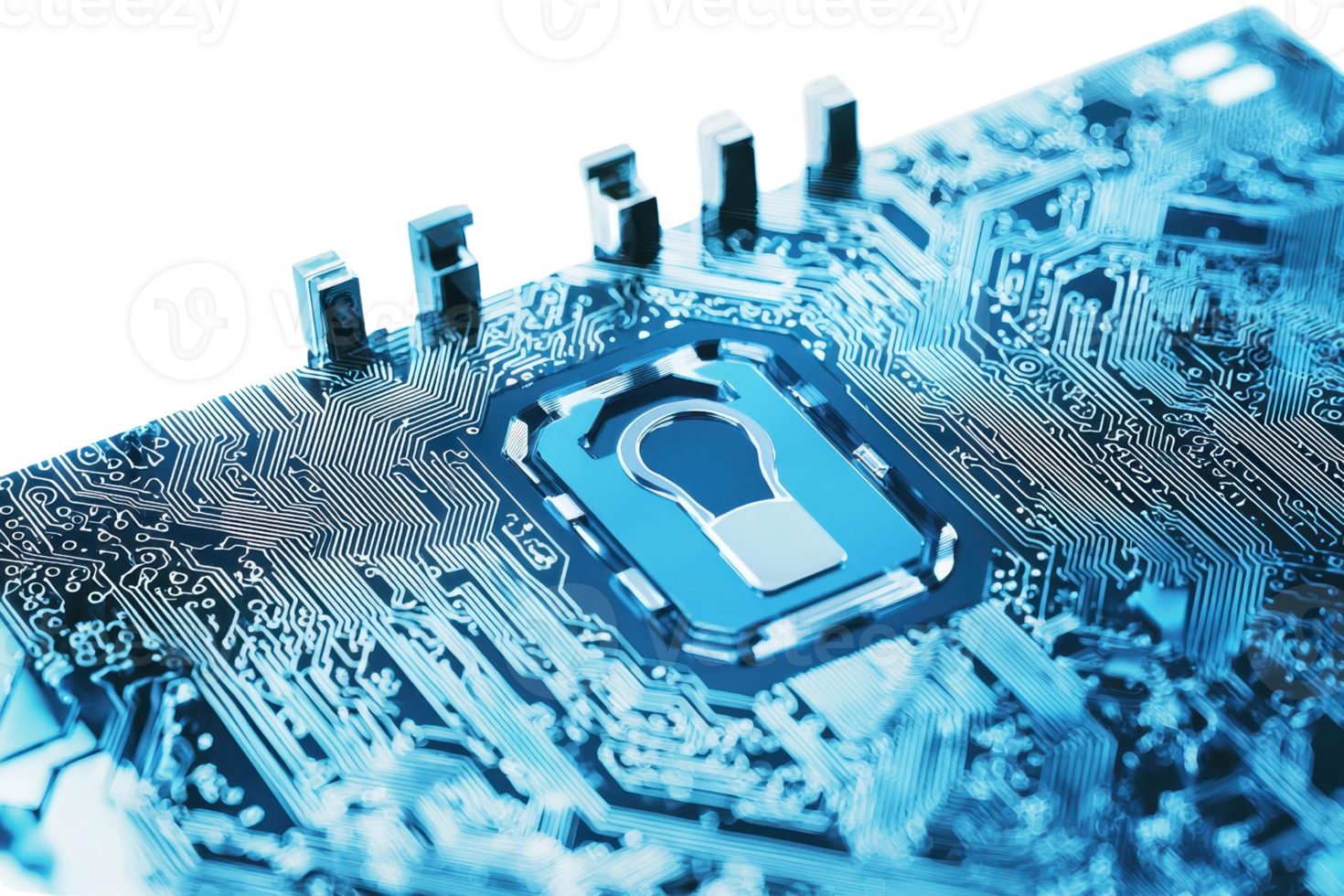 Close-up of a computer microchip with a lock symbol, representing cybersecurity and data protection. png