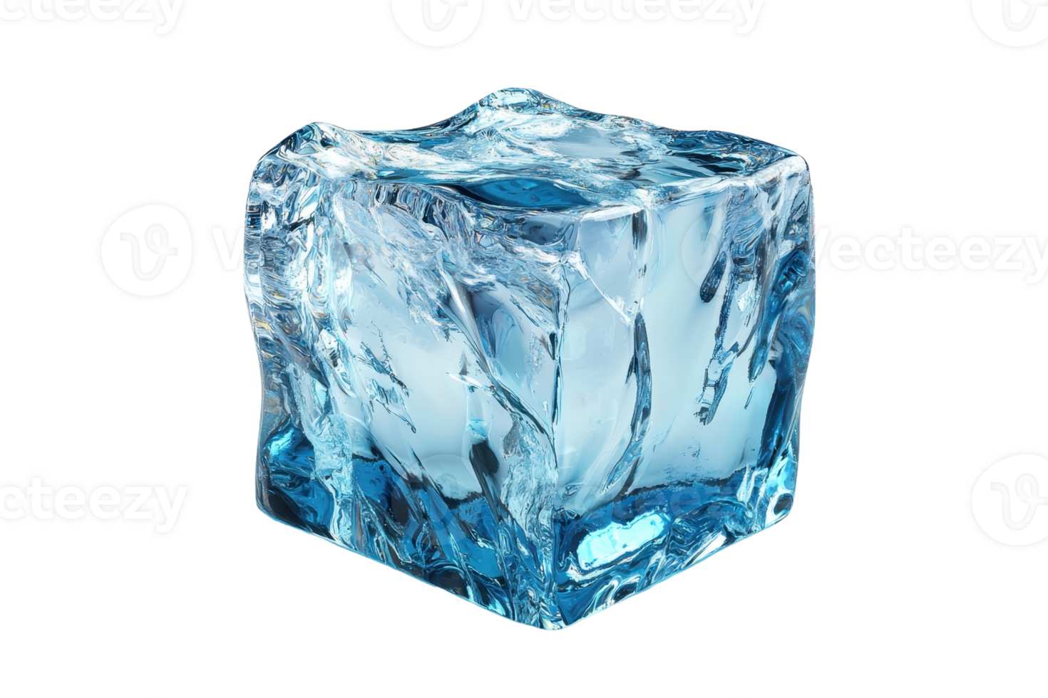 Close-up of a single pristine ice cube with intricate details and blue hue, ideal for cooling drinks or themed design projects. png