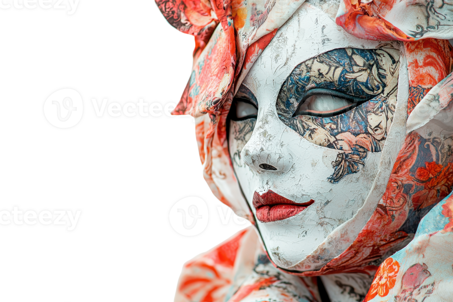 Close-up of a masked figure with intricate colorful pattern, representing traditional art and culture. Captivating and mysterious appearance. png