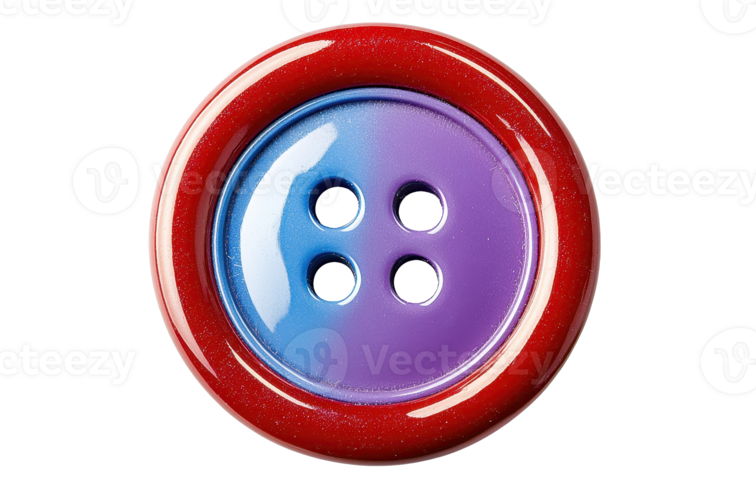 Close-up of a vibrant red and purple four-hole button against a transparent background. highlighting its glossy surface and colorful design. png
