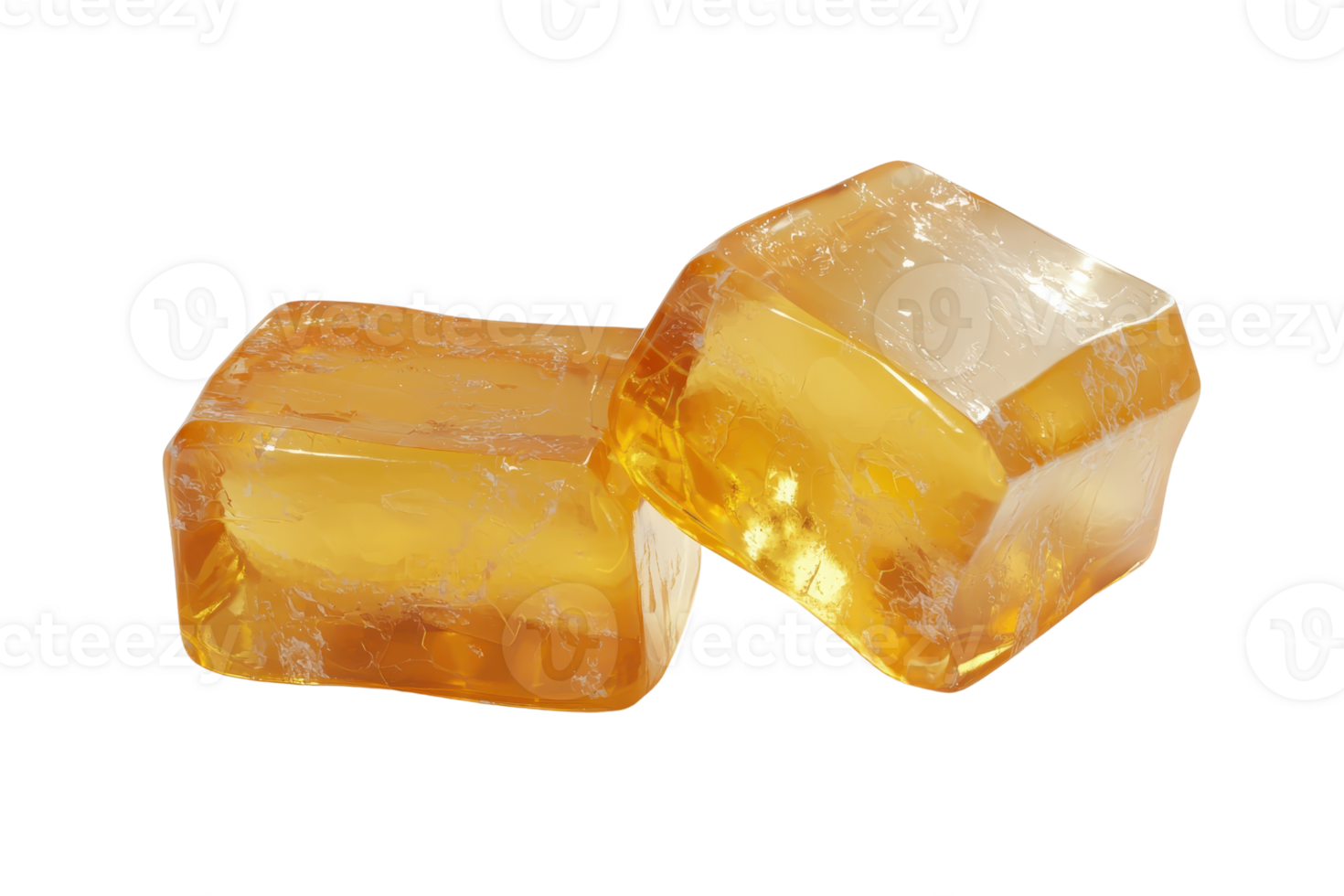 Close-up of two translucent amber resin pieces against a transparent background. showcasing their natural texture and color. png