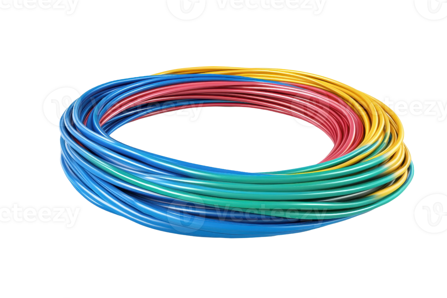 Coiled multicolor electrical cable isolated on transparent background. ideal for illustrations of wiring and electrical projects. png