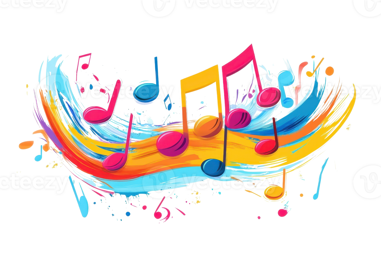 Colorful music notes on a vibrant wave background, representing creativity, harmony, and the joy of music. Perfect for musical themed projects. png