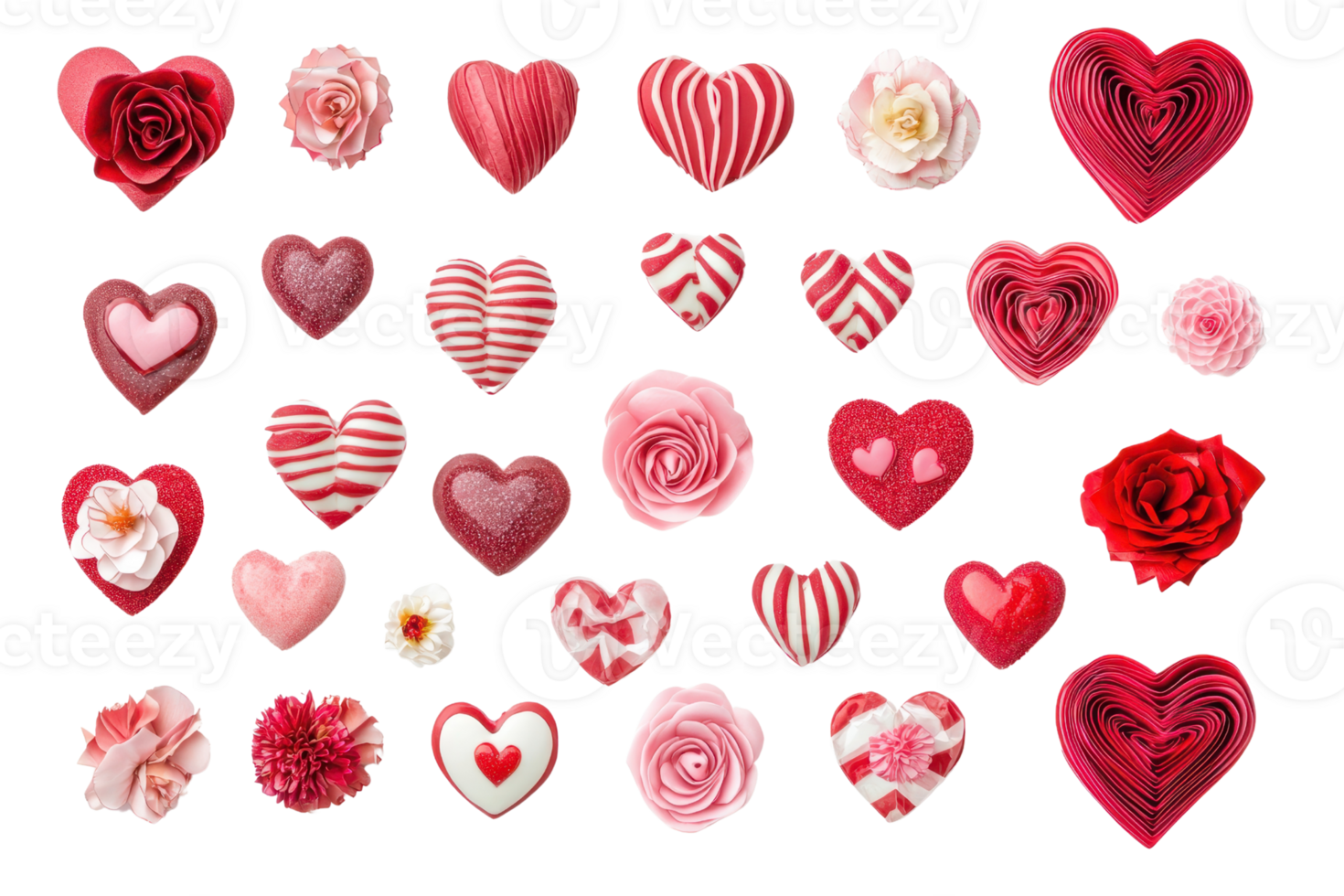 Collection of heart shapes and floral designs, perfect for Valentine's Day or romantic themes, featuring various red and pink patterns. png