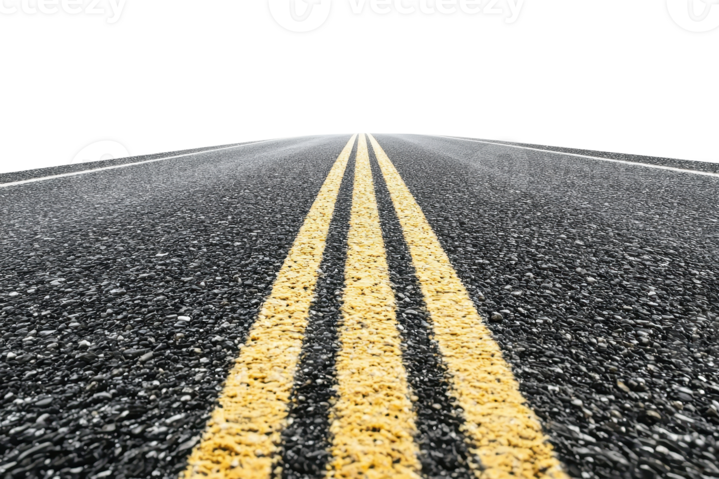 Close-up of empty asphalt road with yellow dividing lines stretching out to the horizon under a clear sky. png