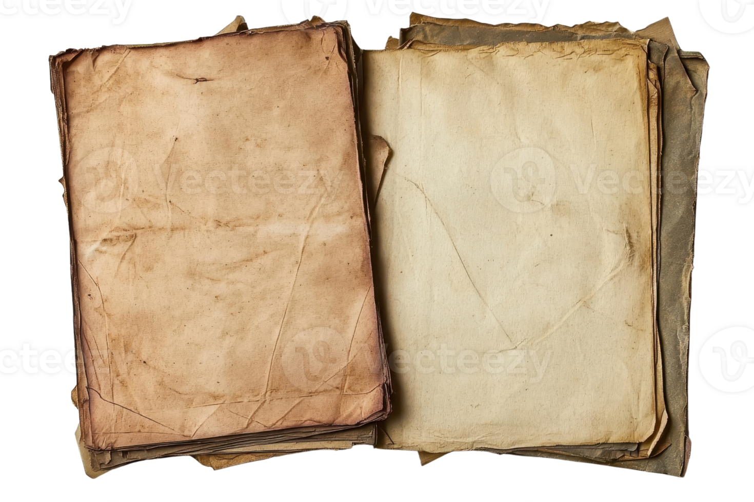 Close-up of vintage, worn-out paper pages with ancient, sepia tones. Ideal for backgrounds, textures, and retro design elements. png