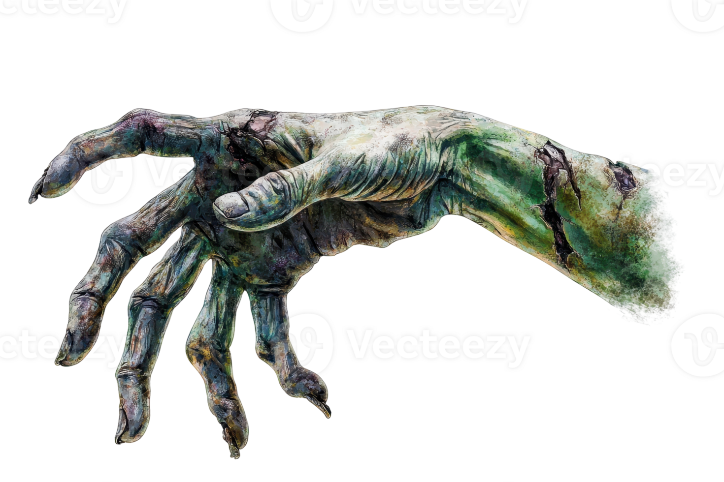 Creepy severed zombie hand with decayed greenish skin, perfect for Halloween and horror-themed designs, isolated on transparent background. png