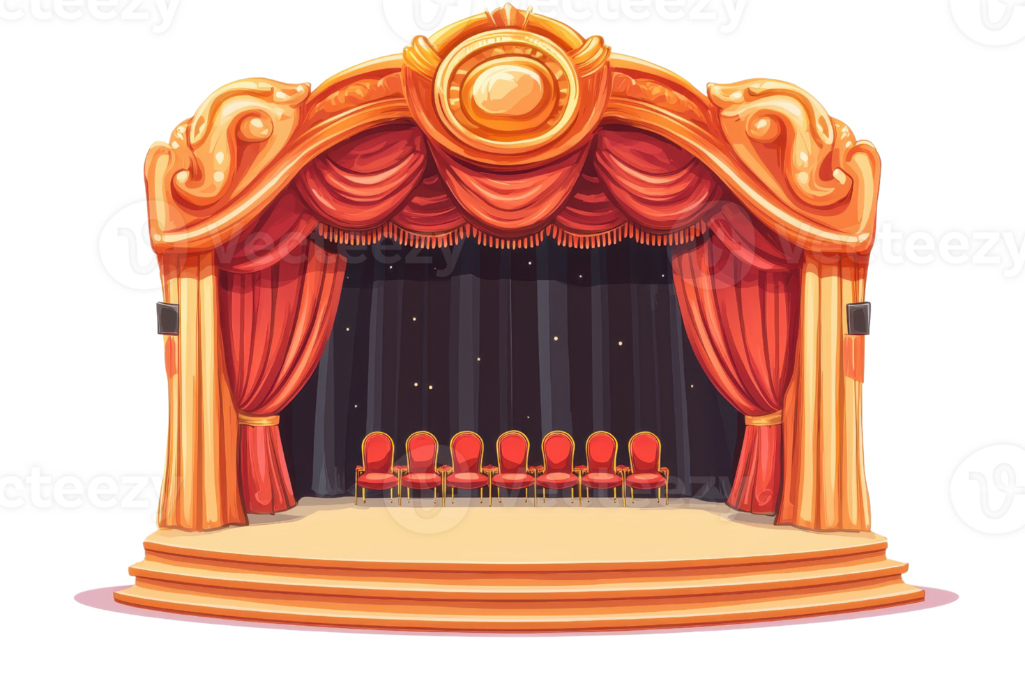 Elegant theater stage with red curtains and chairs, perfect for performances, events, and artistic showcases. Luxurious and sophisticated design. png