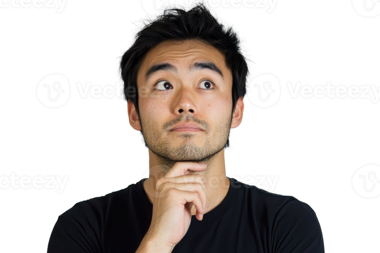 Man deep in thought with hand on chin, looking up, considering a decision or contemplating an idea, wearing a black shirt. png