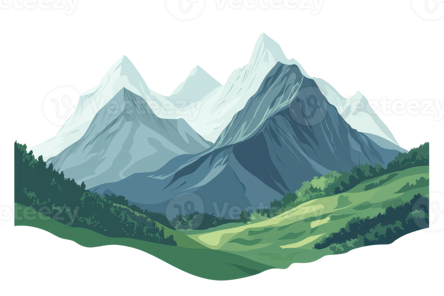 Illustration of a serene mountain landscape with snowy peaks, green hills, and clear skies. Perfect for nature-themed designs and prints. png