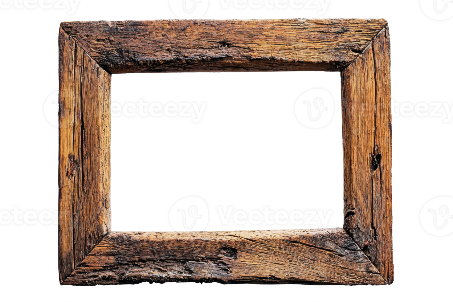 Rustic wooden frame with a weathered appearance, suitable for artwork or photo display. Isolated on a transparent background. png