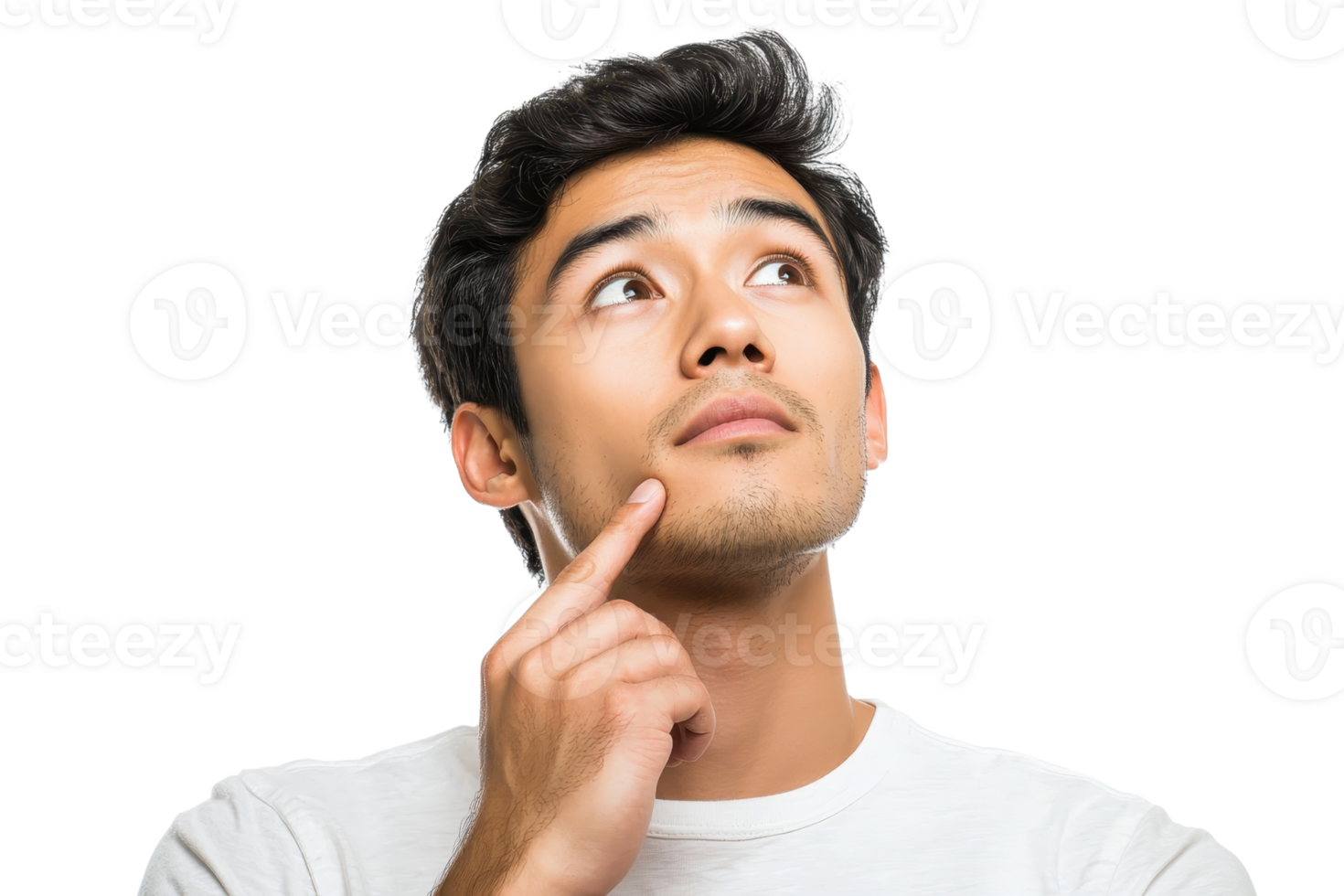 Thoughtful man looking up, touching chin, wearing white t-shirt. Isolated on transparent background. Concept of thinking and pondering ideas. png