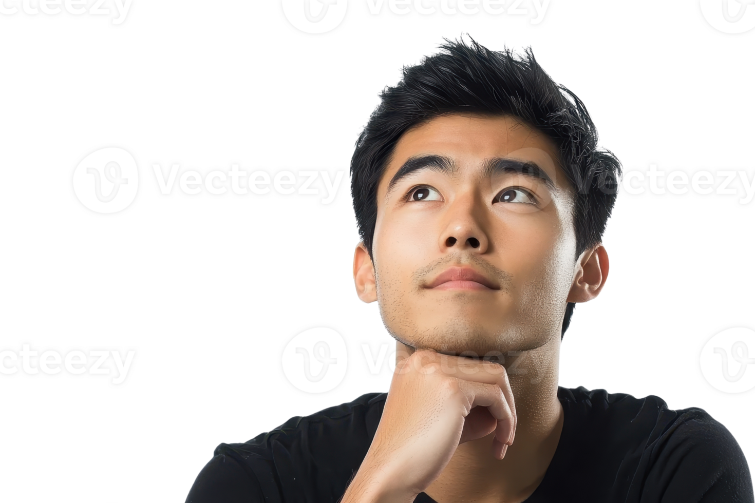 Thoughtful young man looking up with chin resting on his hand, deep in contemplation against a transparent background. png