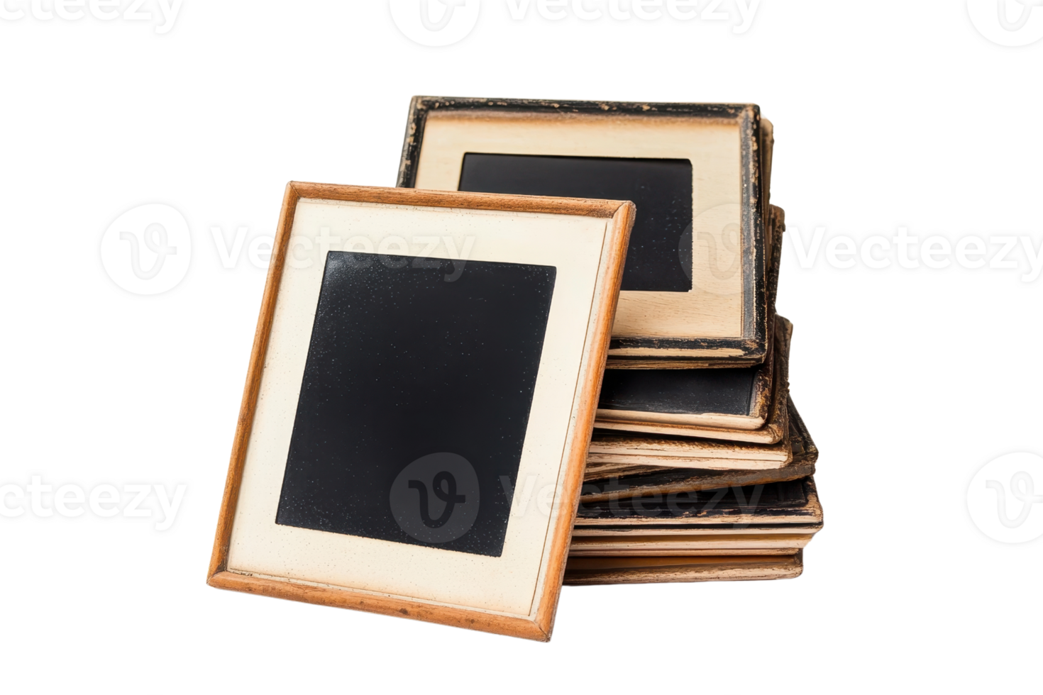 Stack of vintage photo frames placed on a transparent background. ideal for decoration, memory preservation, and photography projects. png