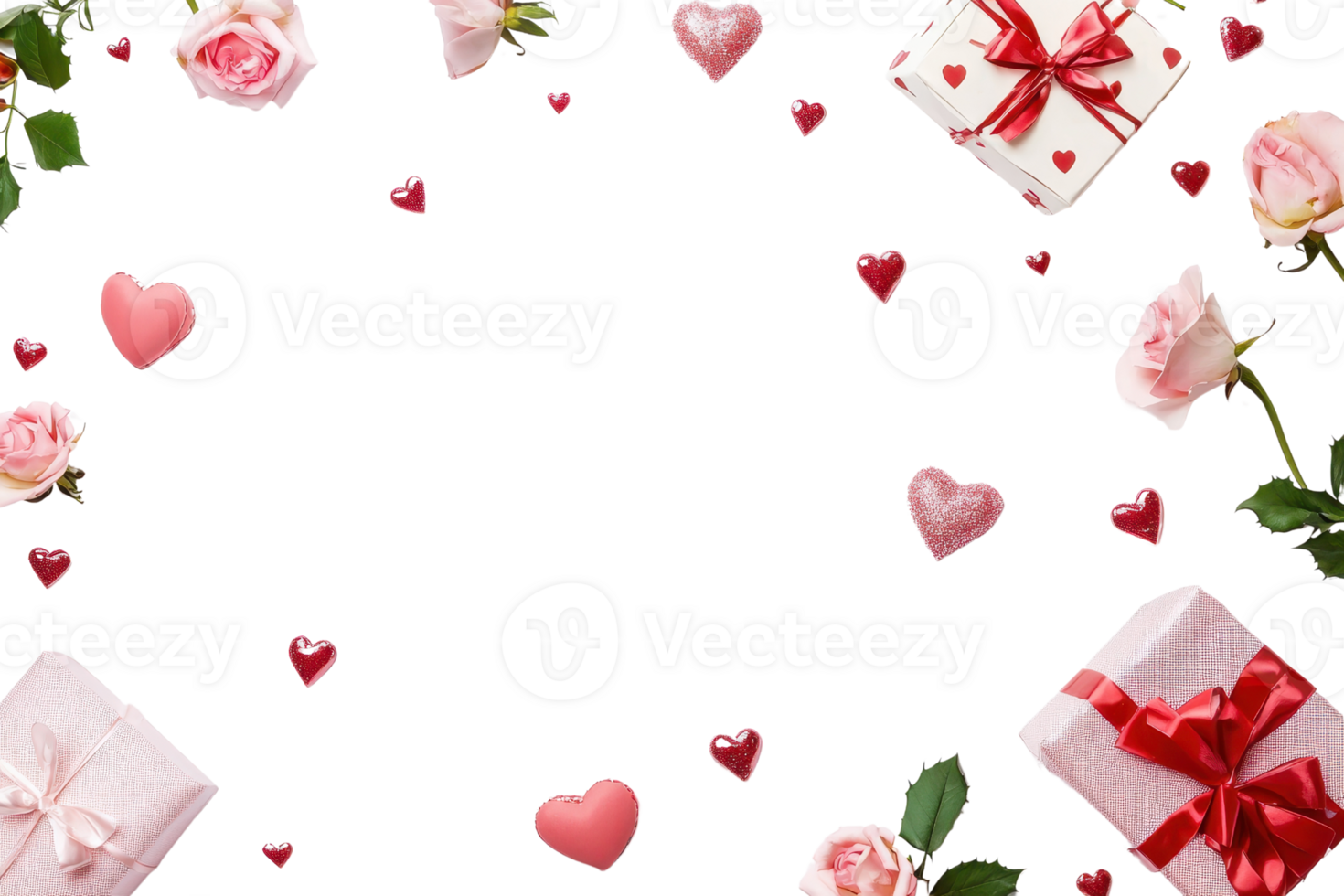 Valentine's Day themed frame with hearts, roses, and gift boxes. Perfect for romantic backgrounds or love messages. png