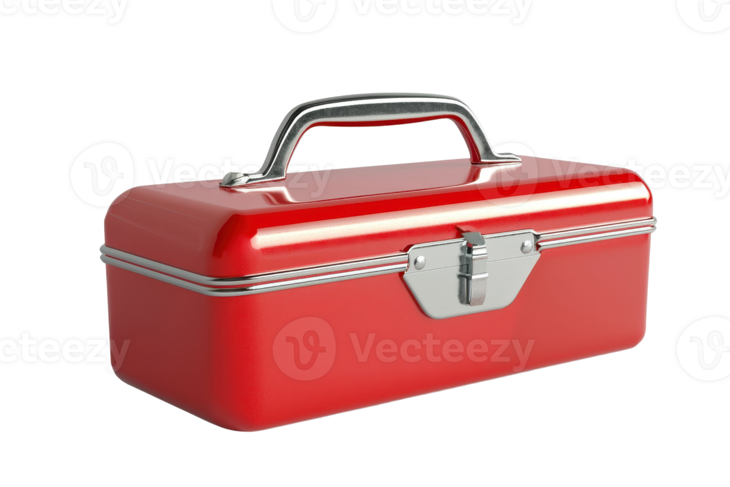 Red metal toolbox with a handle and latch, perfect for storing and organizing tools in a workshop or garage setting. png