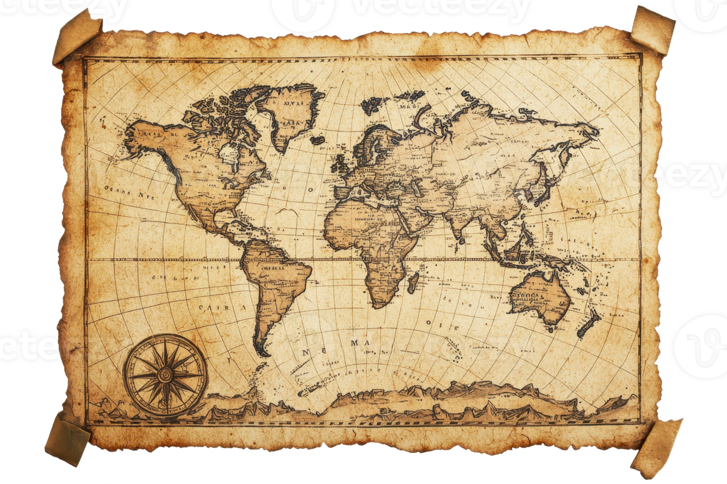 Old vintage world map with compass on parchment paper, showing continents and oceans, perfect for historical and geographical themes. png