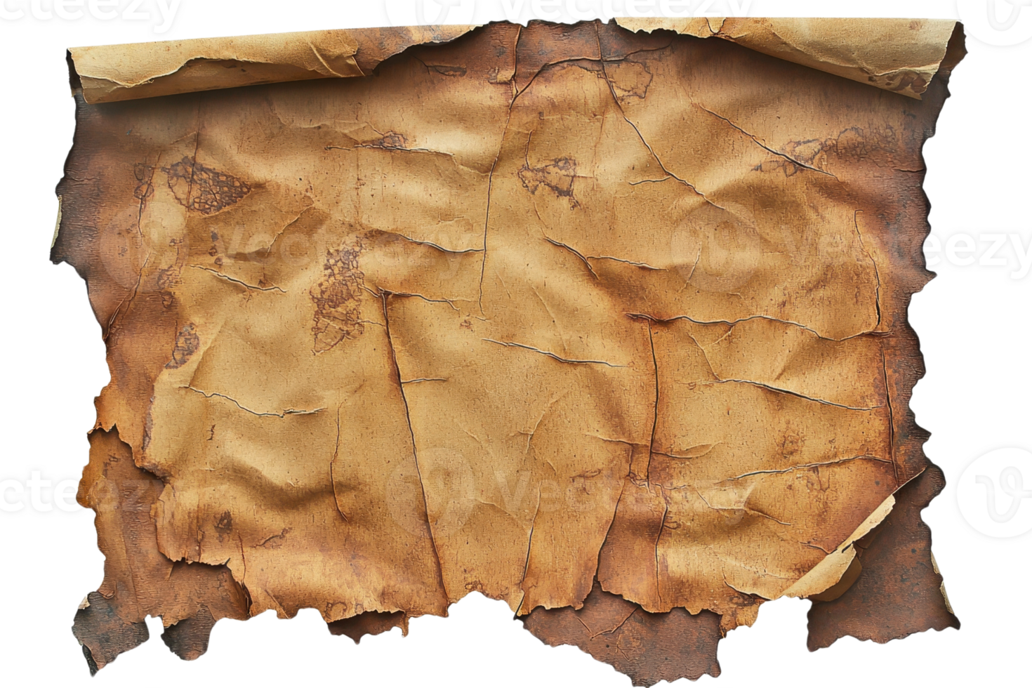 Old weathered parchment paper with torn edges and stained surface, suitable for vintage designs and historical themes. png