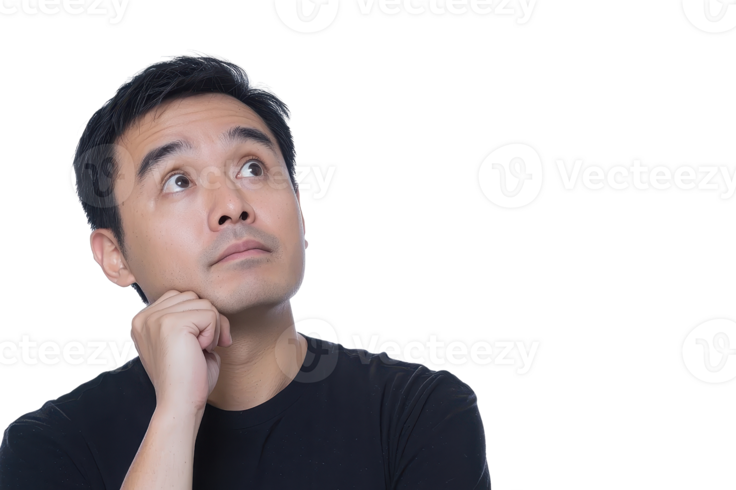 Thoughtful man in black shirt looking up, isolated on transparent background. Concept of contemplation, thinking, and planning. png