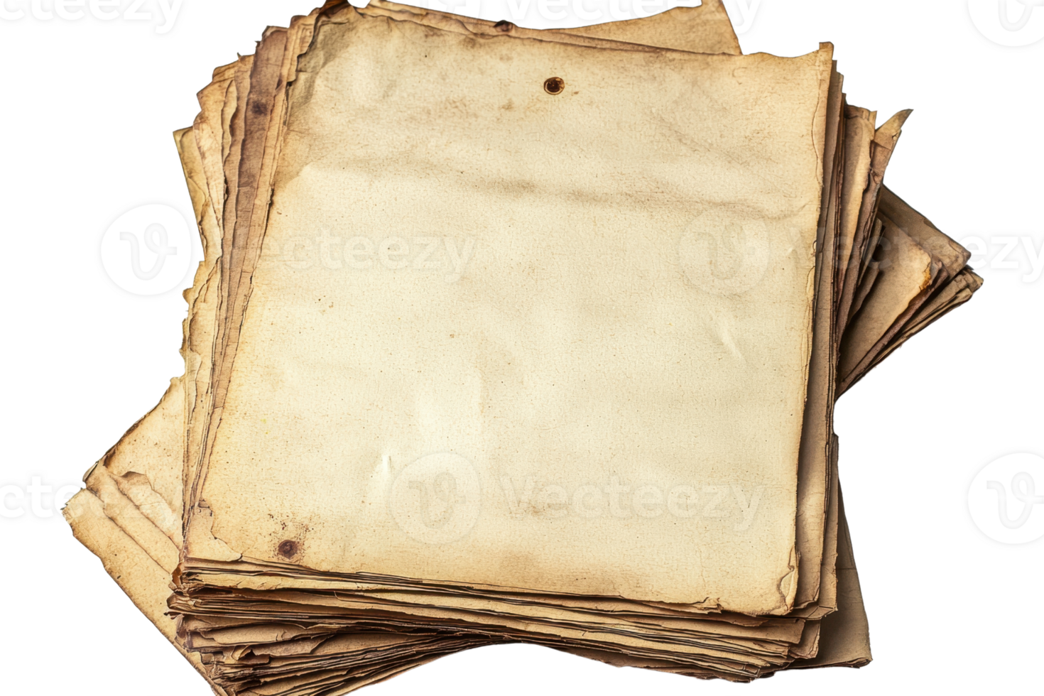 Stack of aged parchment papers, ideal for antique, vintage, history themed projects, close-up view of the paper texture. png