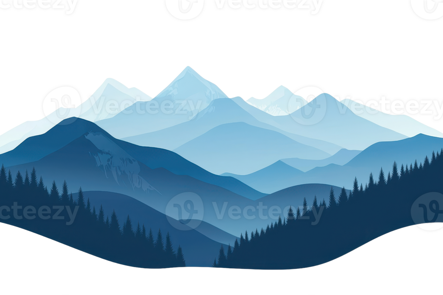 Tranquil mountain scenery with layered blue hues and pine trees, evoking serenity and natural beauty in a minimalist design. png